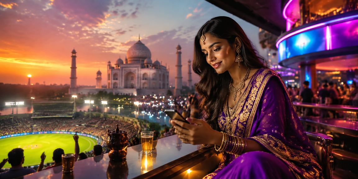 View of Taj Mahal with neon casino digital overlay in Agra